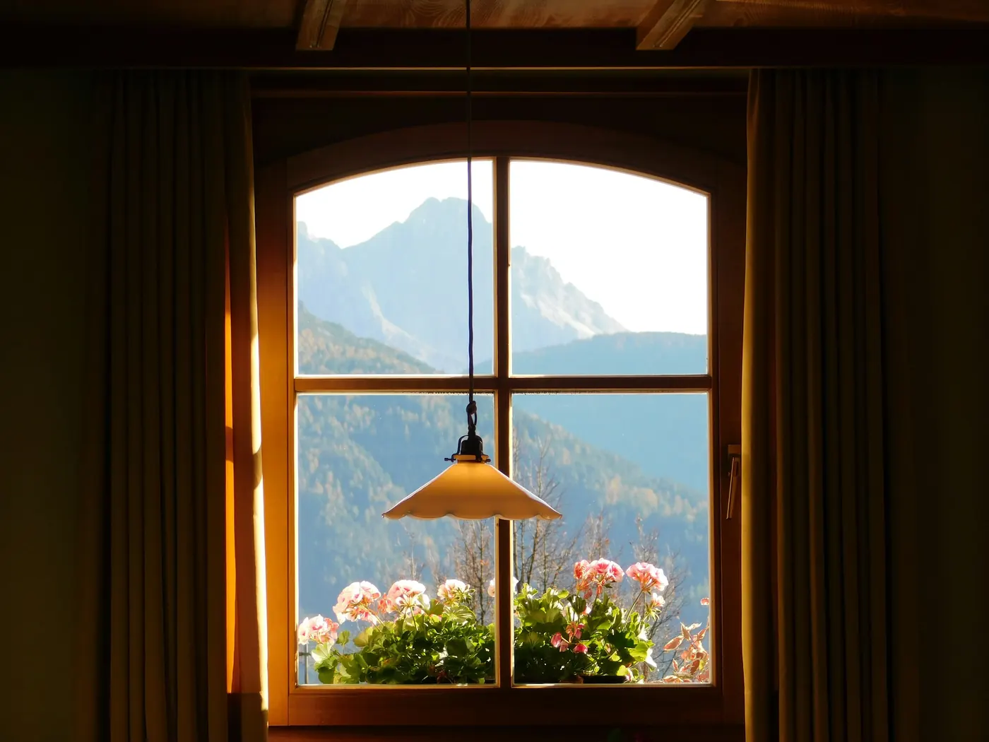 A pendant lamp in front of a wooden window looking out on mountains, with flowers on the sill